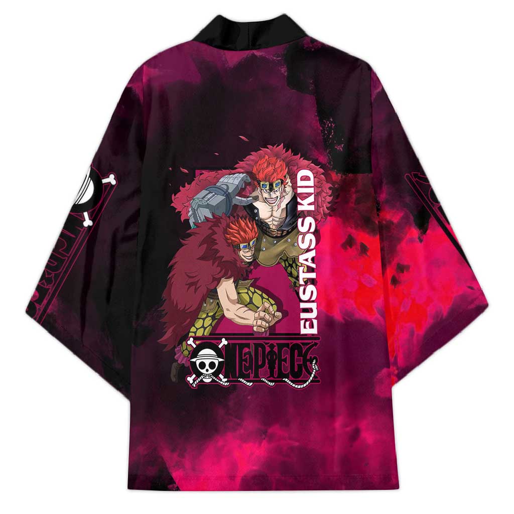 Eustass Kid One Piece Theme Red and Black Grunge Design Kimono with Mechanical Arm and Pirate Emblem - The Mazicc