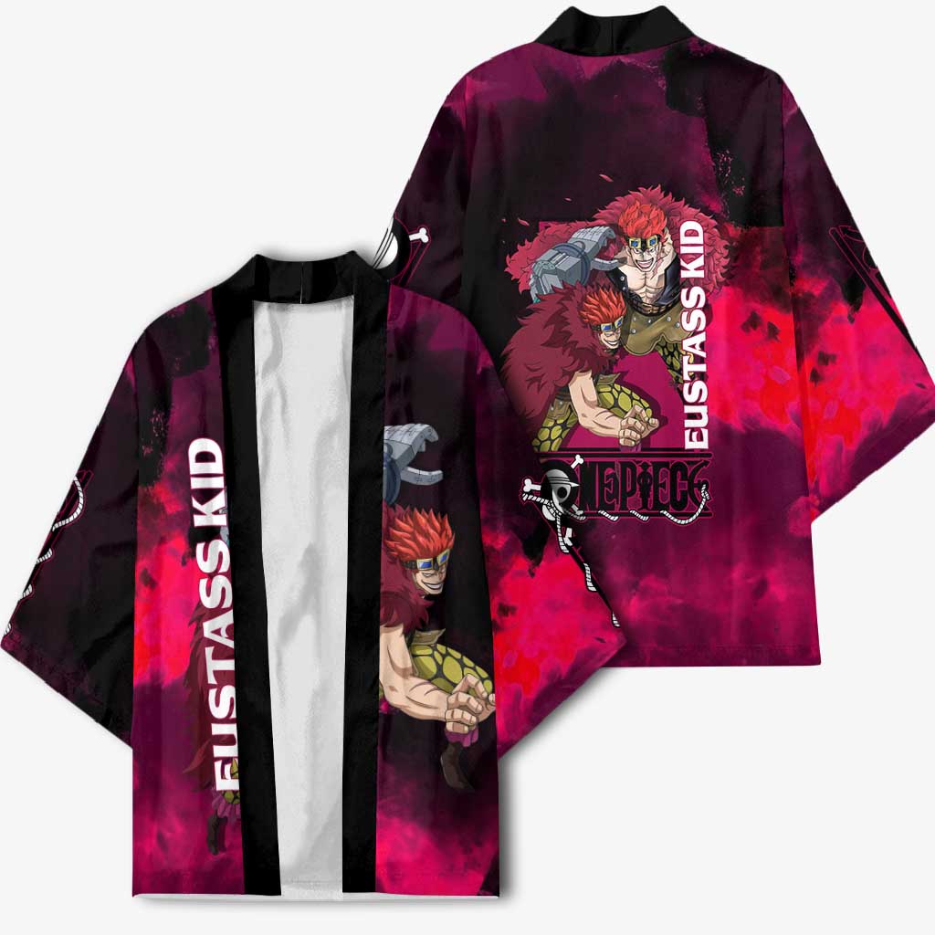 Eustass Kid One Piece Theme Red and Black Grunge Design Kimono with Mechanical Arm and Pirate Emblem - The Mazicc