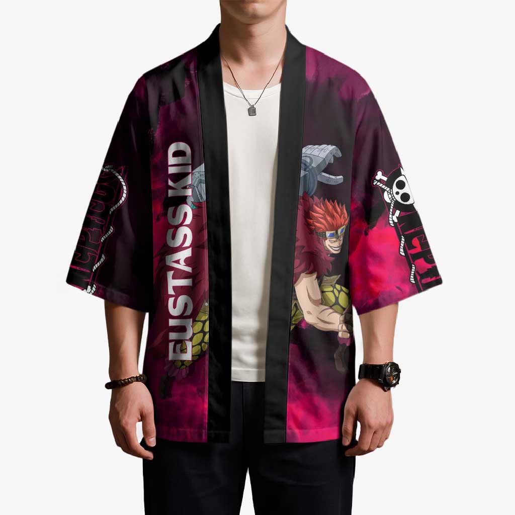 Eustass Kid One Piece Theme Red and Black Grunge Design Kimono with Mechanical Arm and Pirate Emblem - The Mazicc