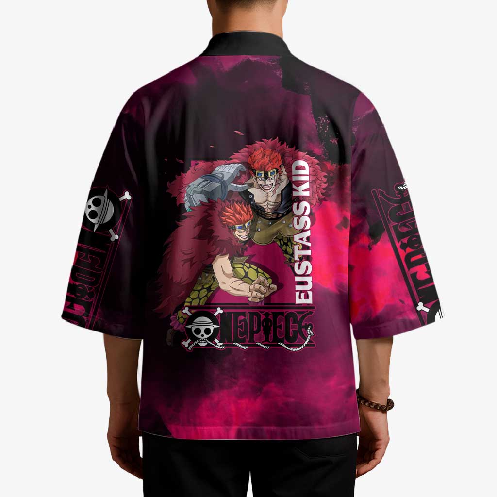 Eustass Kid One Piece Theme Red and Black Grunge Design Kimono with Mechanical Arm and Pirate Emblem - The Mazicc