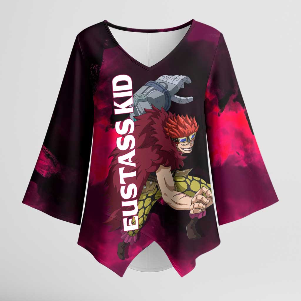 Eustass Kid One Piece Theme Red and Black Grunge Design Kimono Sleeve Blouse with Mechanical Arm and Pirate Emblem - The Mazicc