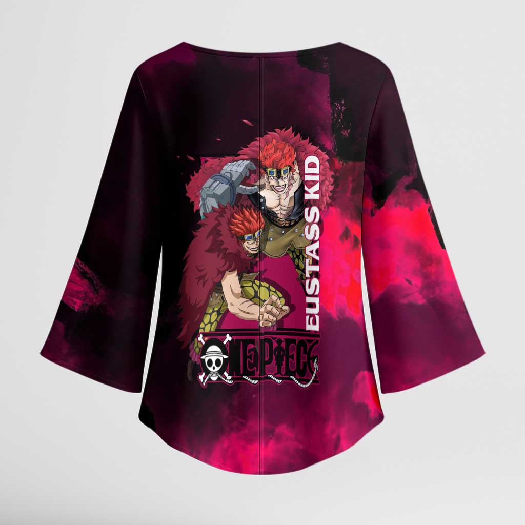 Eustass Kid One Piece Theme Red and Black Grunge Design Kimono Sleeve Blouse with Mechanical Arm and Pirate Emblem - The Mazicc