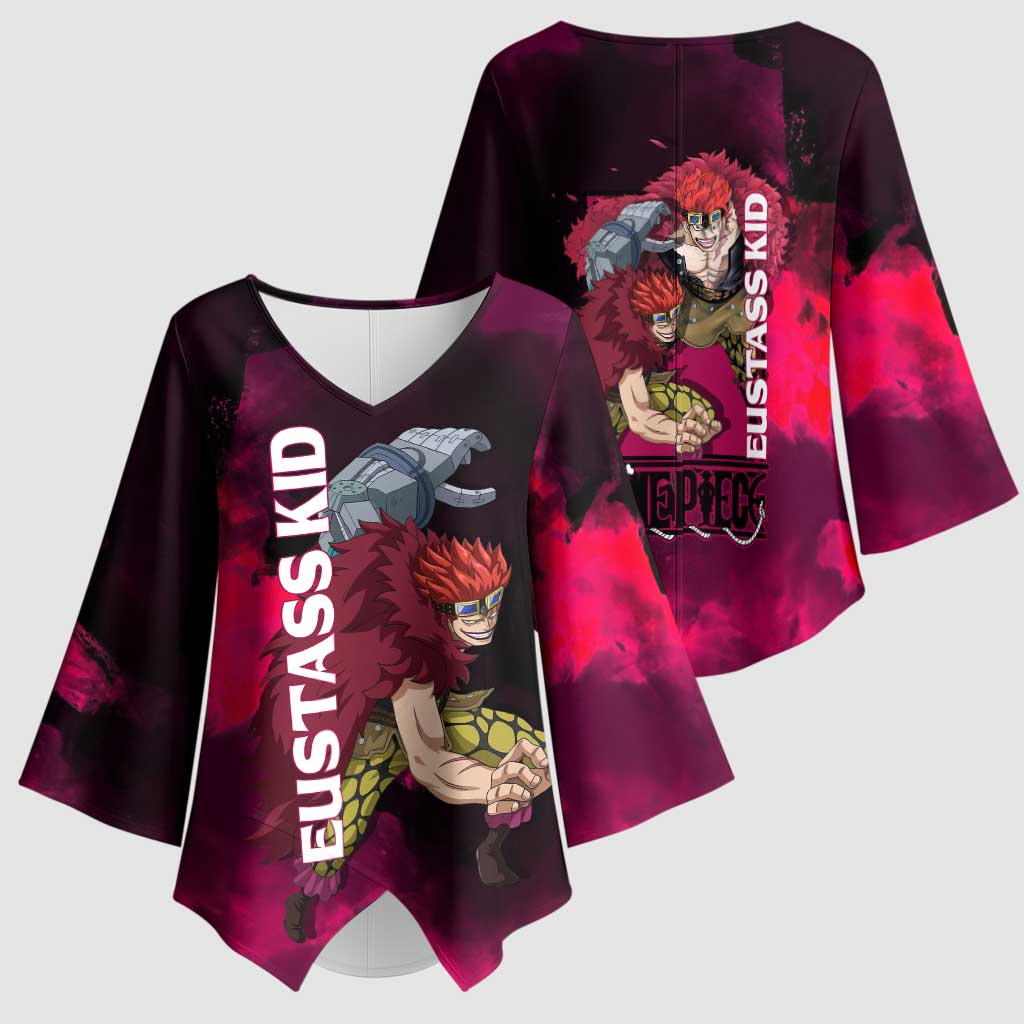 Eustass Kid One Piece Theme Red and Black Grunge Design Kimono Sleeve Blouse with Mechanical Arm and Pirate Emblem - The Mazicc