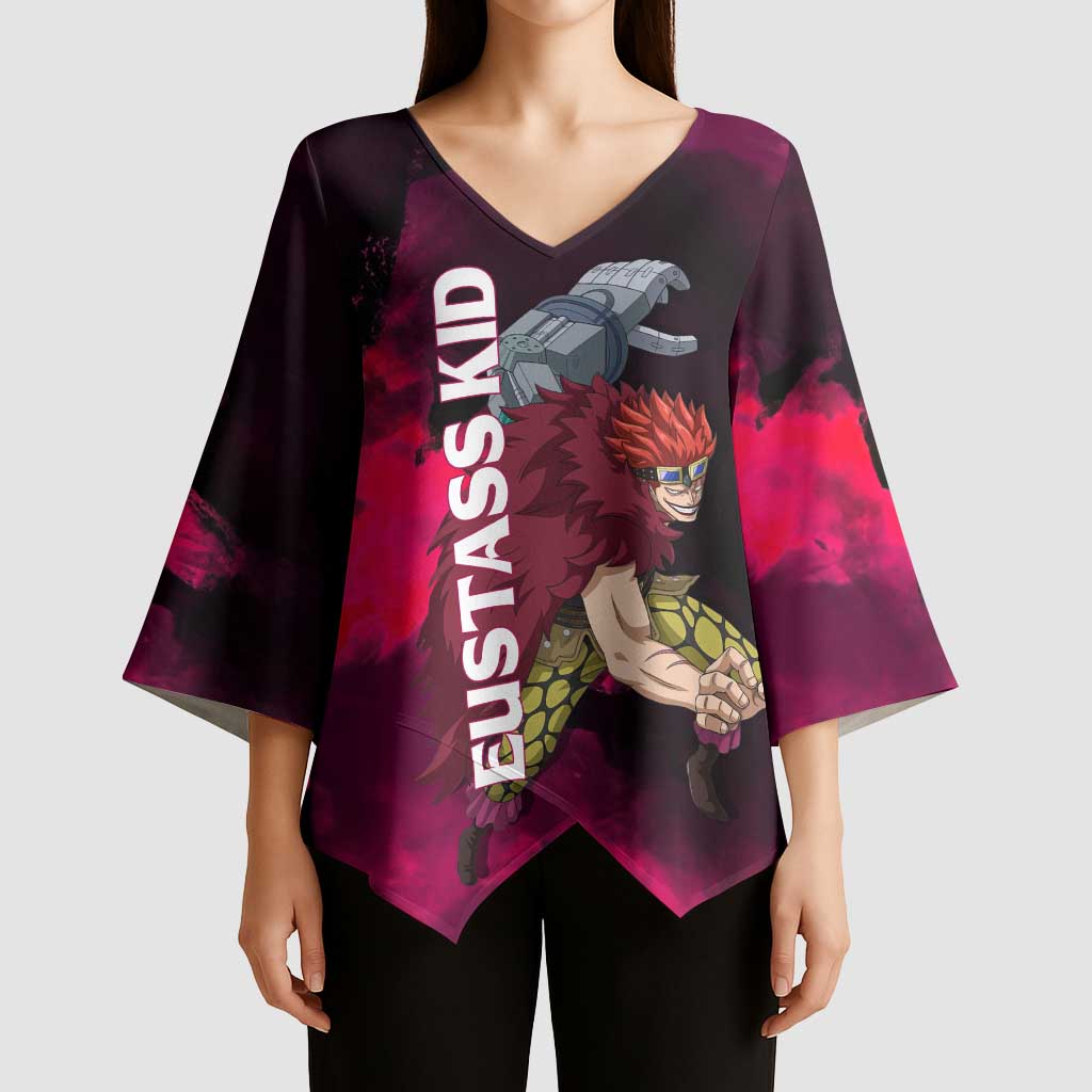 Eustass Kid One Piece Theme Red and Black Grunge Design Kimono Sleeve Blouse with Mechanical Arm and Pirate Emblem - The Mazicc