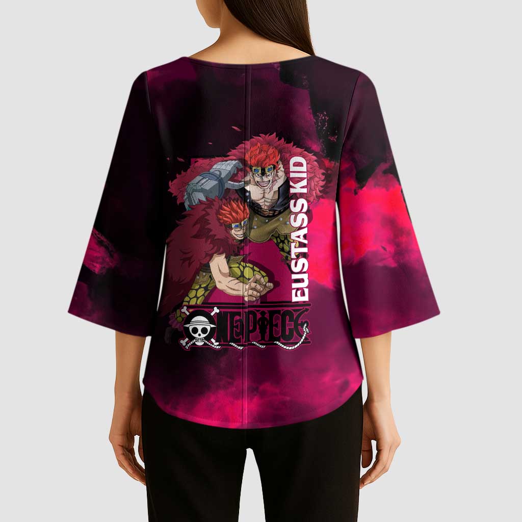 Eustass Kid One Piece Theme Red and Black Grunge Design Kimono Sleeve Blouse with Mechanical Arm and Pirate Emblem - The Mazicc