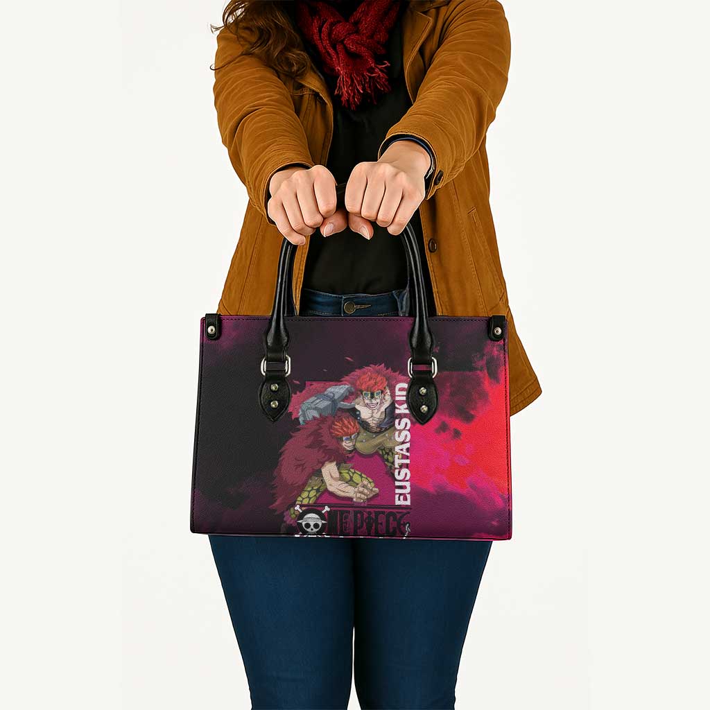 Eustass Kid One Piece Theme Red and Black Grunge Design Leather Bag with Mechanical Arm and Pirate Emblem - The Mazicc