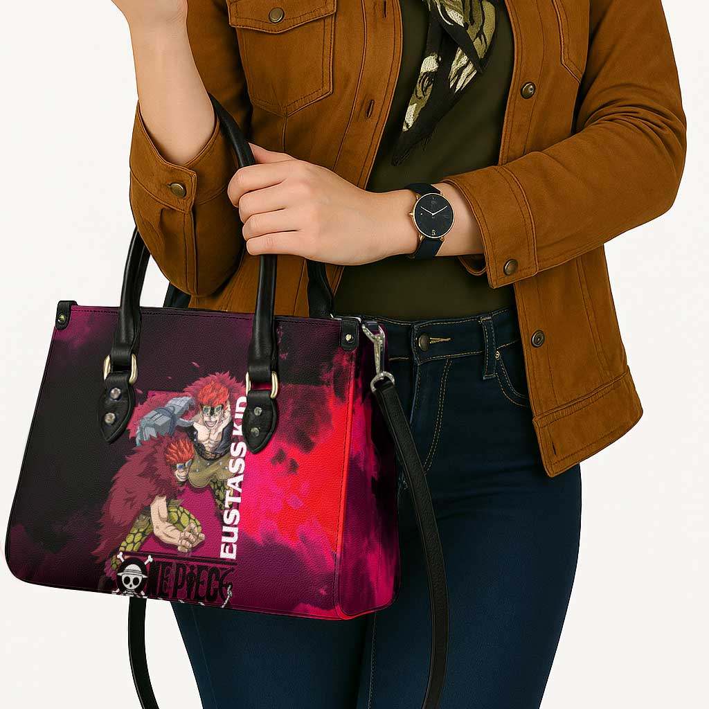 Eustass Kid One Piece Theme Red and Black Grunge Design Leather Bag with Mechanical Arm and Pirate Emblem - The Mazicc