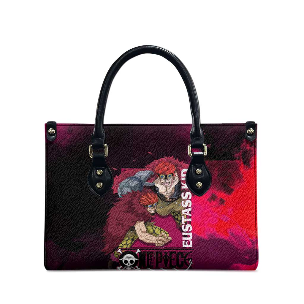 Eustass Kid One Piece Theme Red and Black Grunge Design Leather Bag with Mechanical Arm and Pirate Emblem - The Mazicc
