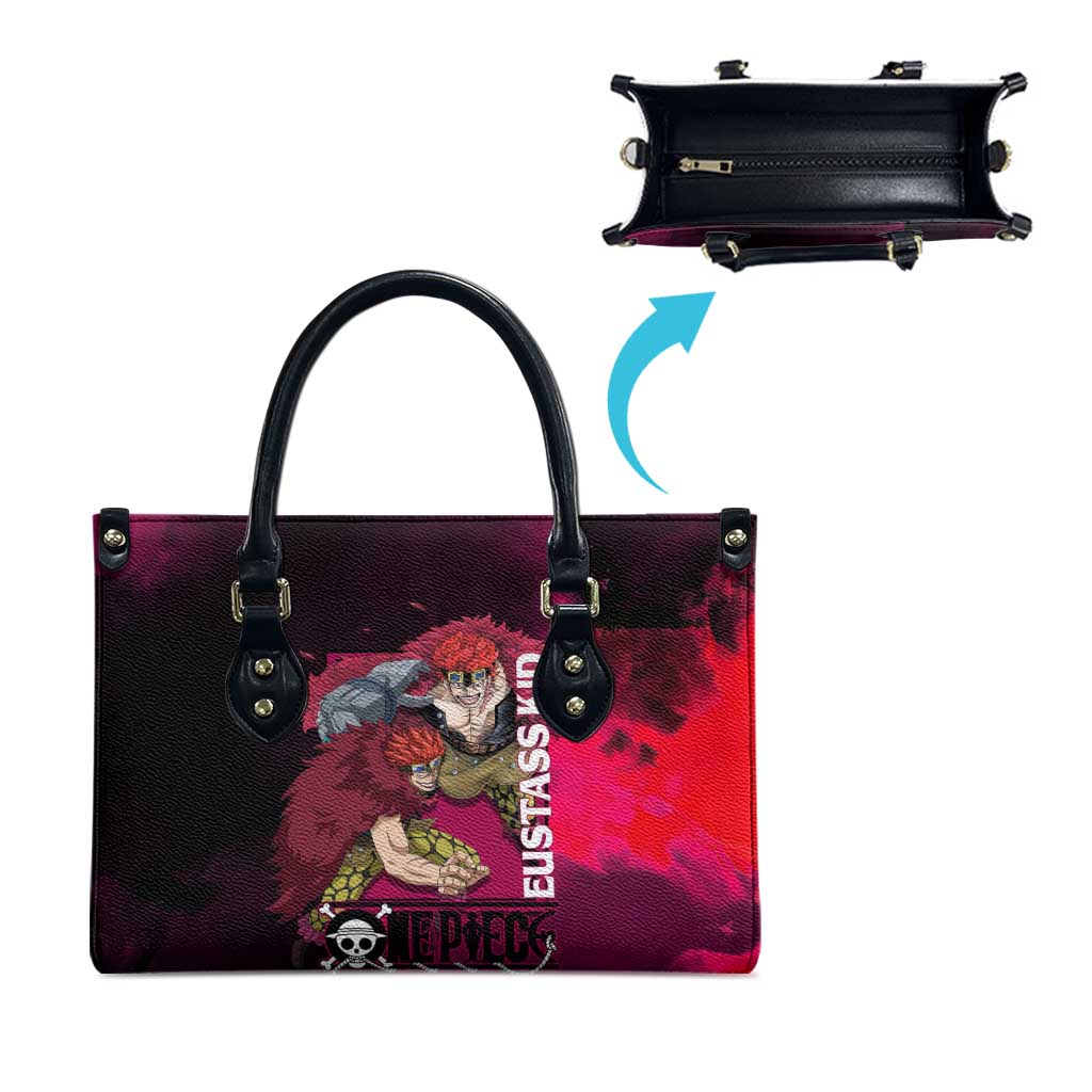 Eustass Kid One Piece Theme Red and Black Grunge Design Leather Bag with Mechanical Arm and Pirate Emblem - The Mazicc