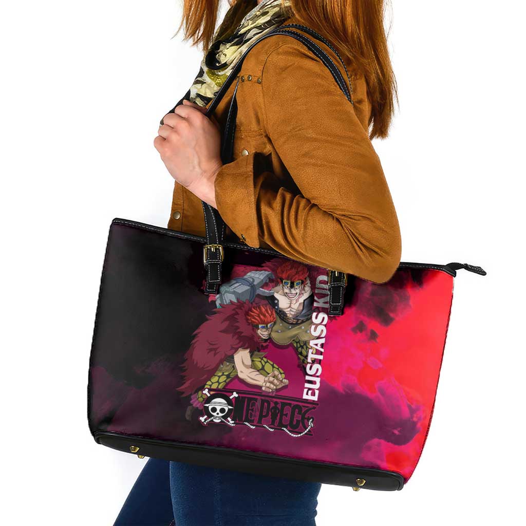 Eustass Kid One Piece Theme Red and Black Grunge Design Leather Tote Bag with Mechanical Arm and Pirate Emblem - The Mazicc