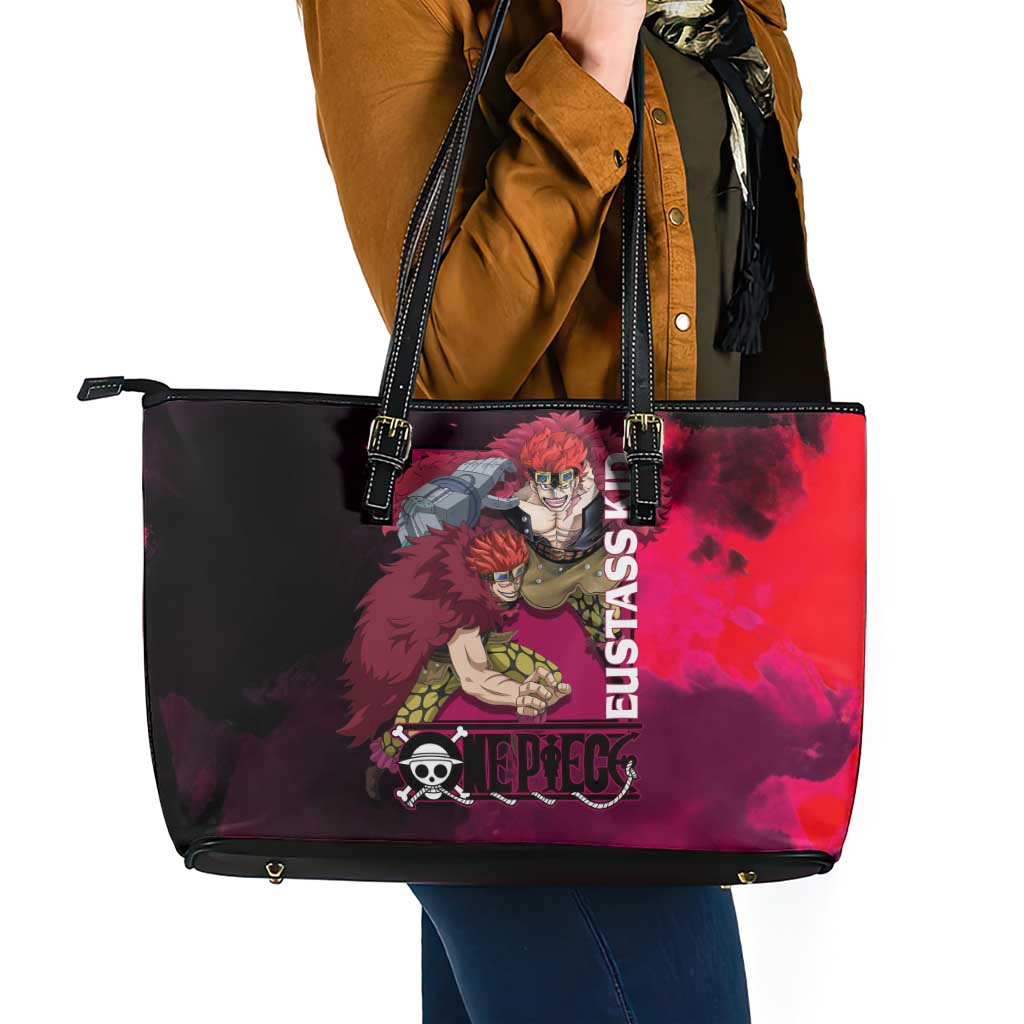 Eustass Kid One Piece Theme Red and Black Grunge Design Leather Tote Bag with Mechanical Arm and Pirate Emblem - The Mazicc