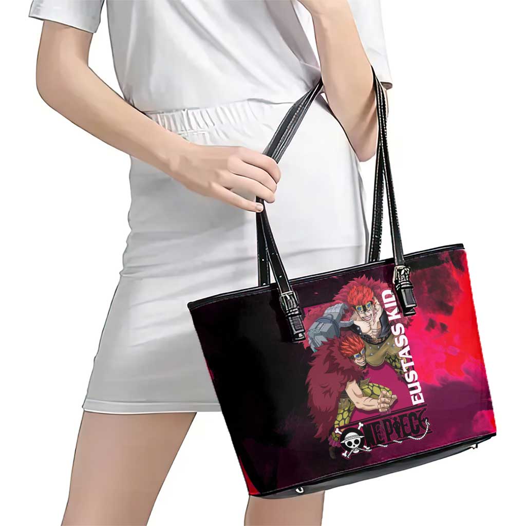 Eustass Kid One Piece Theme Red and Black Grunge Design Leather Tote Bag with Mechanical Arm and Pirate Emblem - The Mazicc