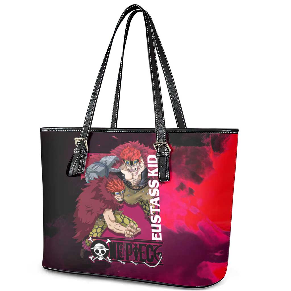 Eustass Kid One Piece Theme Red and Black Grunge Design Leather Tote Bag with Mechanical Arm and Pirate Emblem - The Mazicc