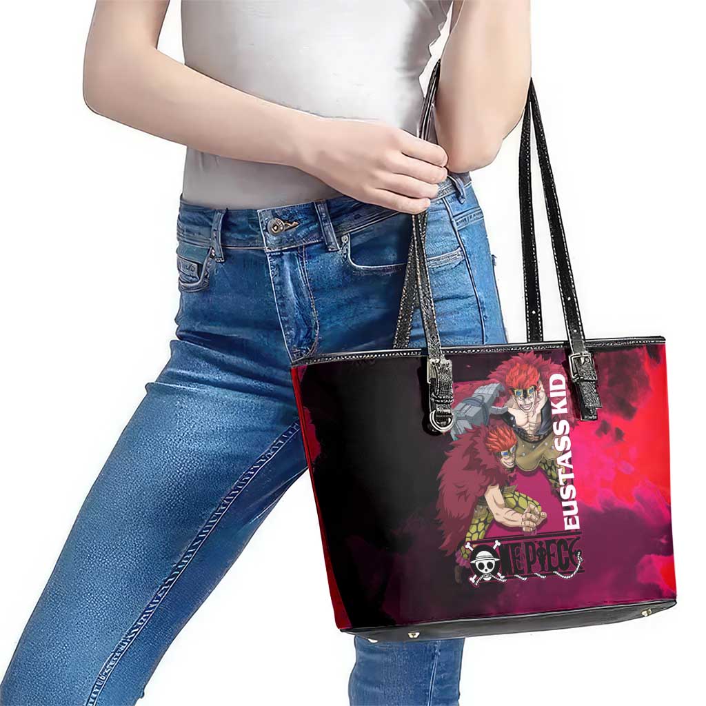 Eustass Kid One Piece Theme Red and Black Grunge Design Leather Tote Bag with Mechanical Arm and Pirate Emblem - The Mazicc
