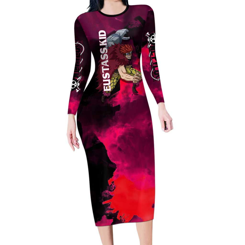 Eustass Kid One Piece Theme Red and Black Grunge Design Long Sleeve Bodycon Dress with Mechanical Arm and Pirate Emblem - The Mazicc