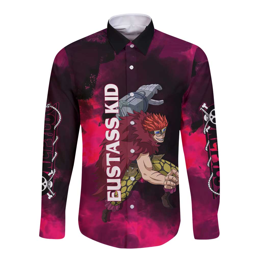 Eustass Kid One Piece Theme Red and Black Grunge Design Long Sleeve Button Shirt with Mechanical Arm and Pirate Emblem - The Mazicc