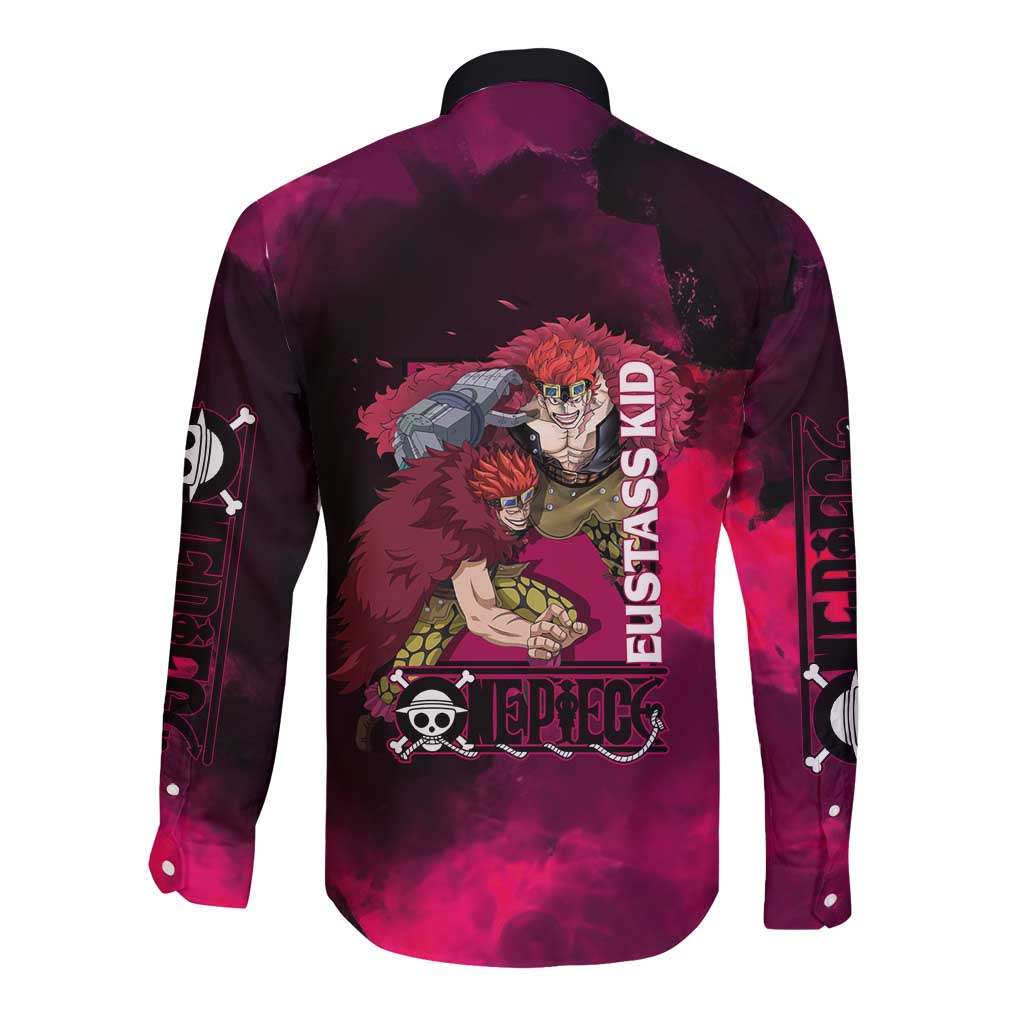 Eustass Kid One Piece Theme Red and Black Grunge Design Long Sleeve Button Shirt with Mechanical Arm and Pirate Emblem - The Mazicc
