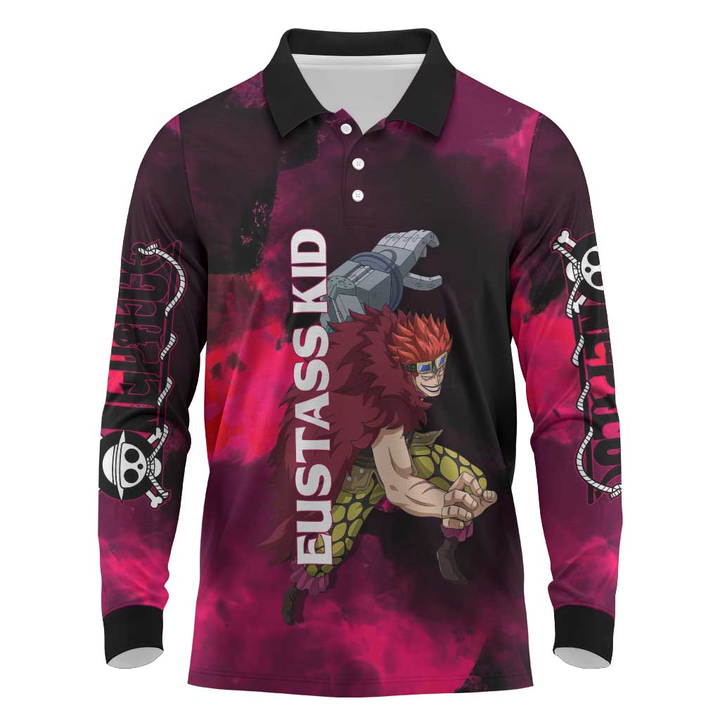 Eustass Kid One Piece Theme Red and Black Grunge Design Long Sleeve Polo Shirt with Mechanical Arm and Pirate Emblem - The Mazicc