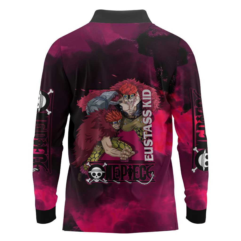 Eustass Kid One Piece Theme Red and Black Grunge Design Long Sleeve Polo Shirt with Mechanical Arm and Pirate Emblem - The Mazicc