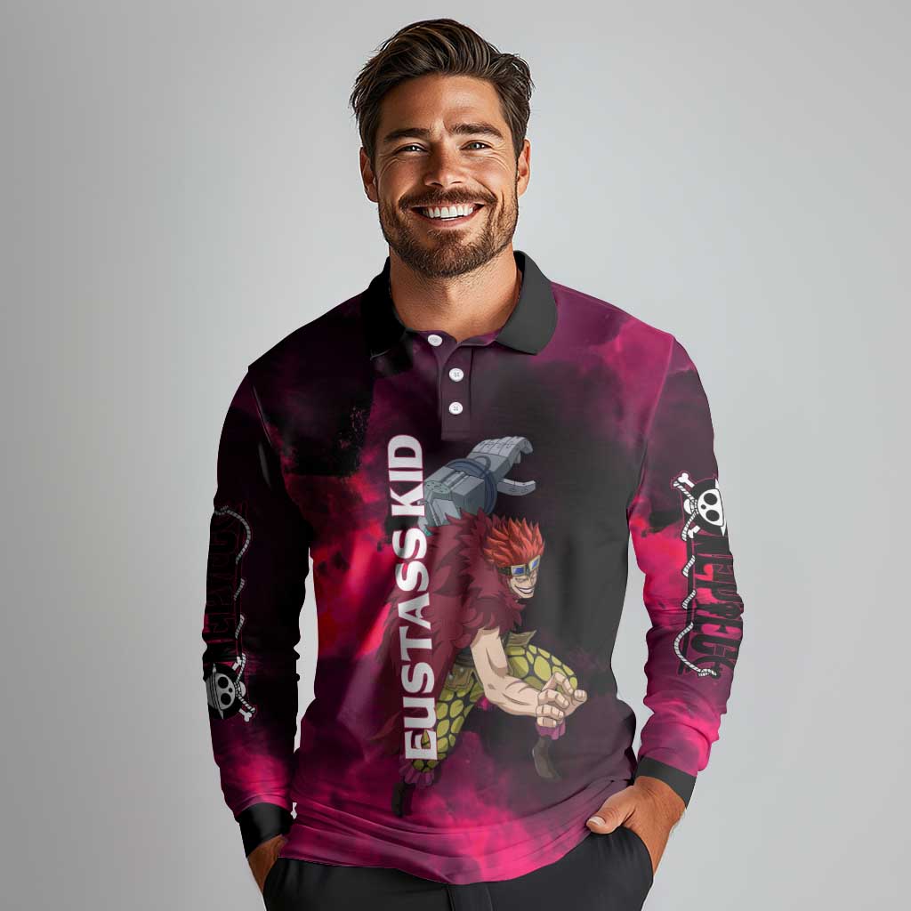 Eustass Kid One Piece Theme Red and Black Grunge Design Long Sleeve Polo Shirt with Mechanical Arm and Pirate Emblem - The Mazicc