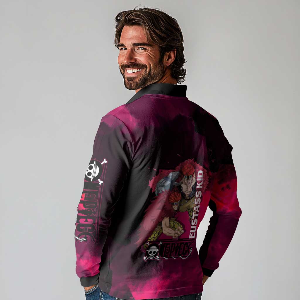Eustass Kid One Piece Theme Red and Black Grunge Design Long Sleeve Polo Shirt with Mechanical Arm and Pirate Emblem - The Mazicc