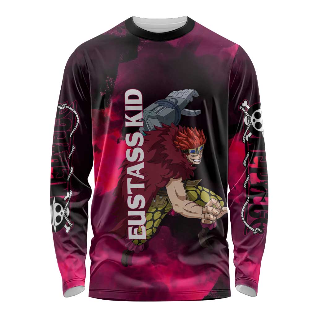 Eustass Kid One Piece Theme Red and Black Grunge Design Long Sleeve Shirt with Mechanical Arm and Pirate Emblem - The Mazicc