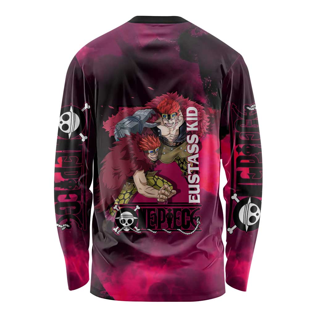 Eustass Kid One Piece Theme Red and Black Grunge Design Long Sleeve Shirt with Mechanical Arm and Pirate Emblem - The Mazicc