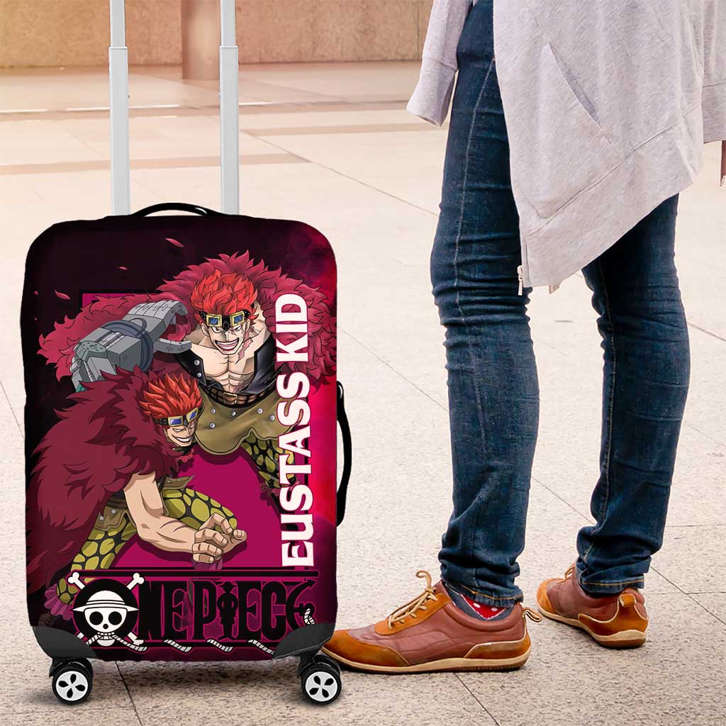 Eustass Kid One Piece Theme Red and Black Grunge Design Luggage Cover with Mechanical Arm and Pirate Emblem - The Mazicc