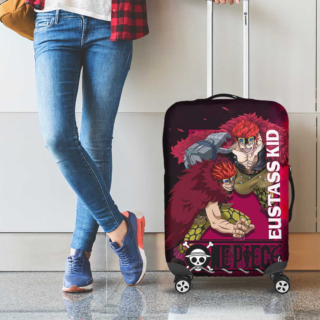 Eustass Kid One Piece Theme Red and Black Grunge Design Luggage Cover with Mechanical Arm and Pirate Emblem - The Mazicc