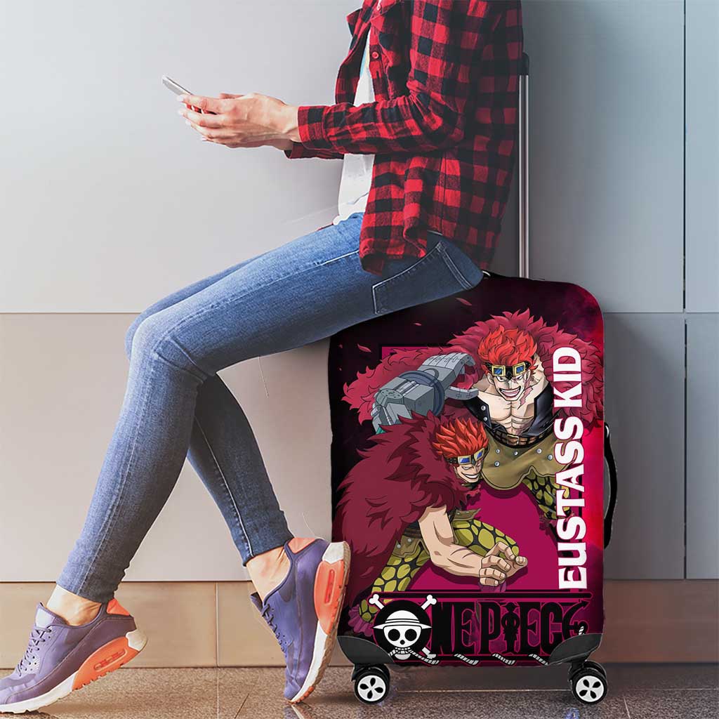 Eustass Kid One Piece Theme Red and Black Grunge Design Luggage Cover with Mechanical Arm and Pirate Emblem - The Mazicc