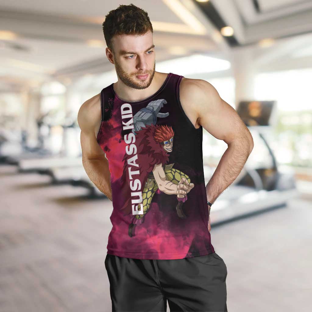 Eustass Kid One Piece Theme Red and Black Grunge Design Men Tank Top with Mechanical Arm and Pirate Emblem - The Mazicc