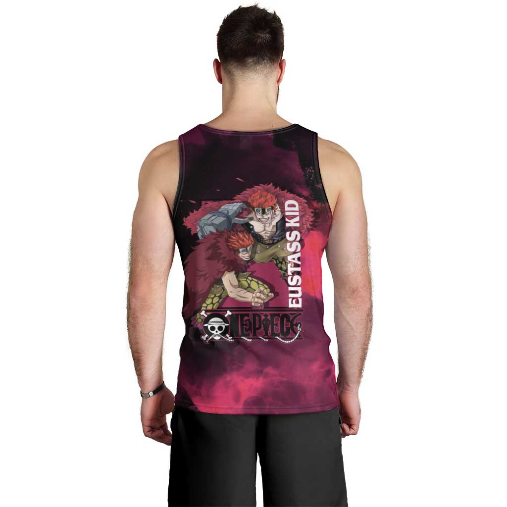 Eustass Kid One Piece Theme Red and Black Grunge Design Men Tank Top with Mechanical Arm and Pirate Emblem - The Mazicc