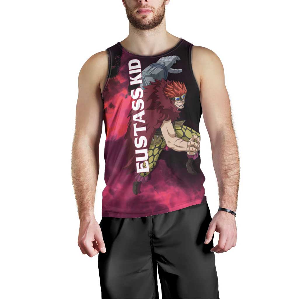 Eustass Kid One Piece Theme Red and Black Grunge Design Men Tank Top with Mechanical Arm and Pirate Emblem - The Mazicc