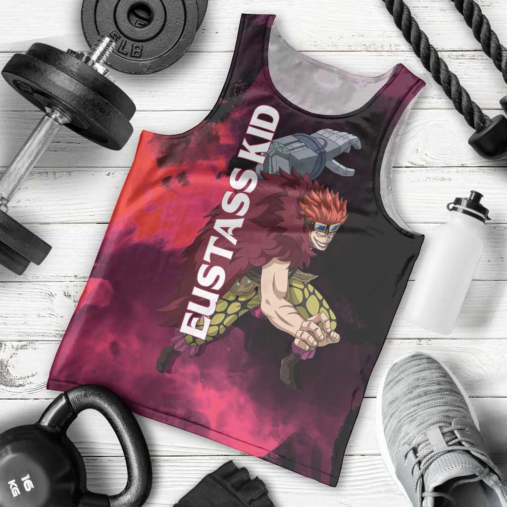 Eustass Kid One Piece Theme Red and Black Grunge Design Men Tank Top with Mechanical Arm and Pirate Emblem - The Mazicc