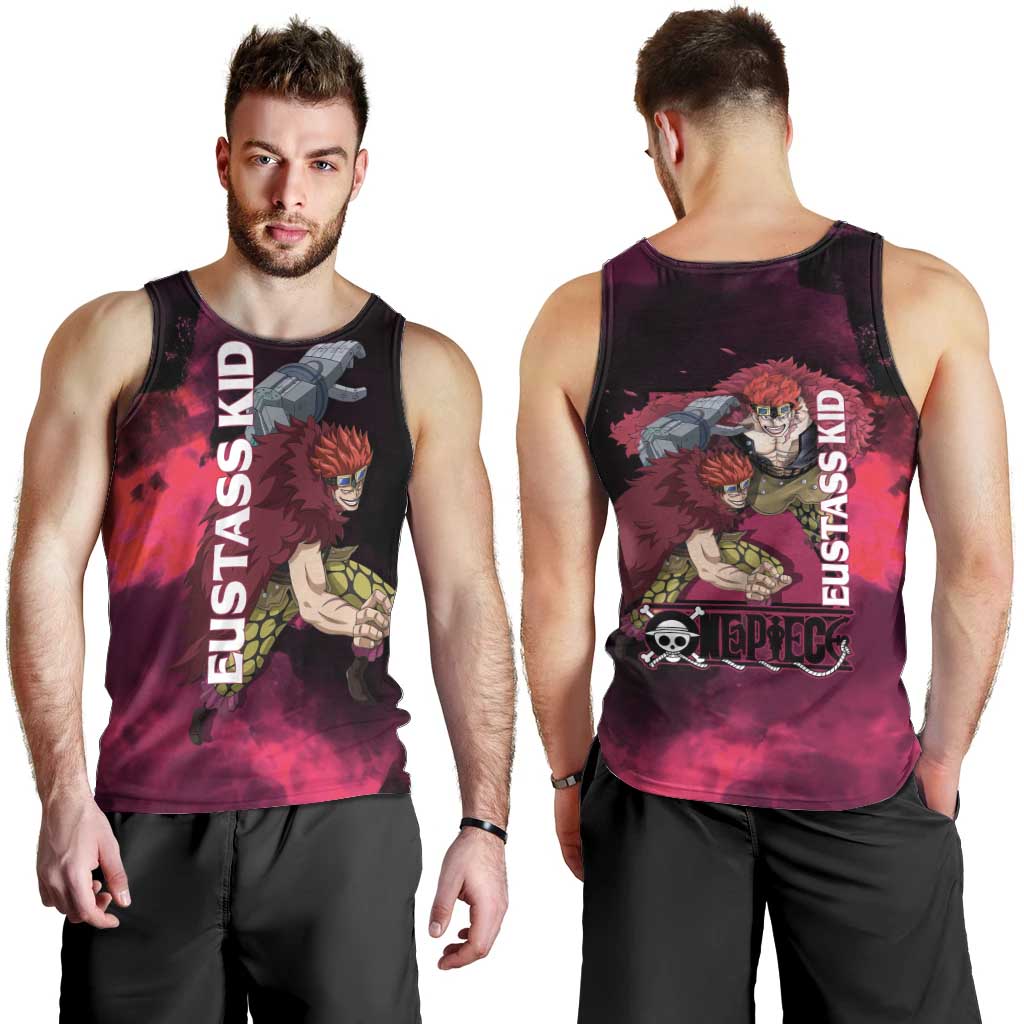 Eustass Kid One Piece Theme Red and Black Grunge Design Men Tank Top with Mechanical Arm and Pirate Emblem - The Mazicc