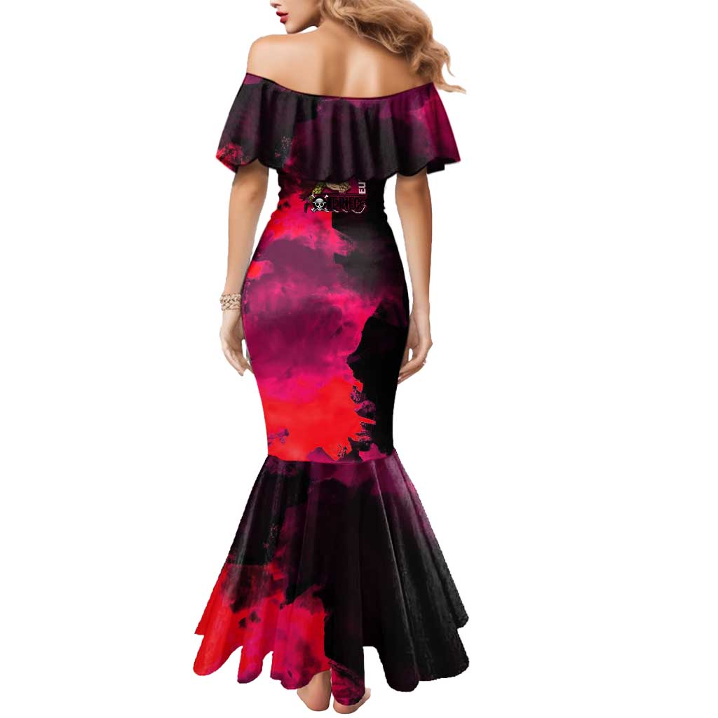 Eustass Kid One Piece Theme Red and Black Grunge Design Mermaid Dress with Mechanical Arm and Pirate Emblem - The Mazicc