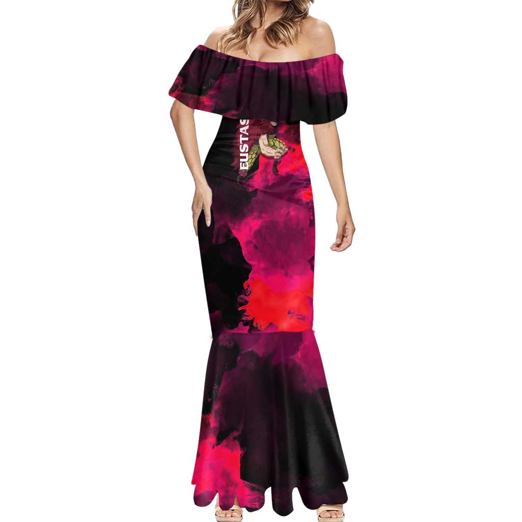 Eustass Kid One Piece Theme Red and Black Grunge Design Mermaid Dress with Mechanical Arm and Pirate Emblem - The Mazicc