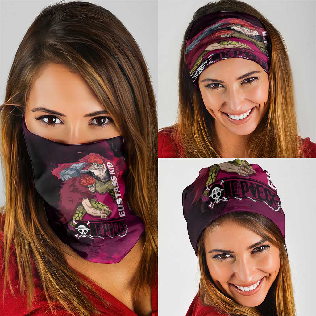 Eustass Kid One Piece Theme Red and Black Grunge Design Neck Gaiter with Mechanical Arm and Pirate Emblem - The Mazicc