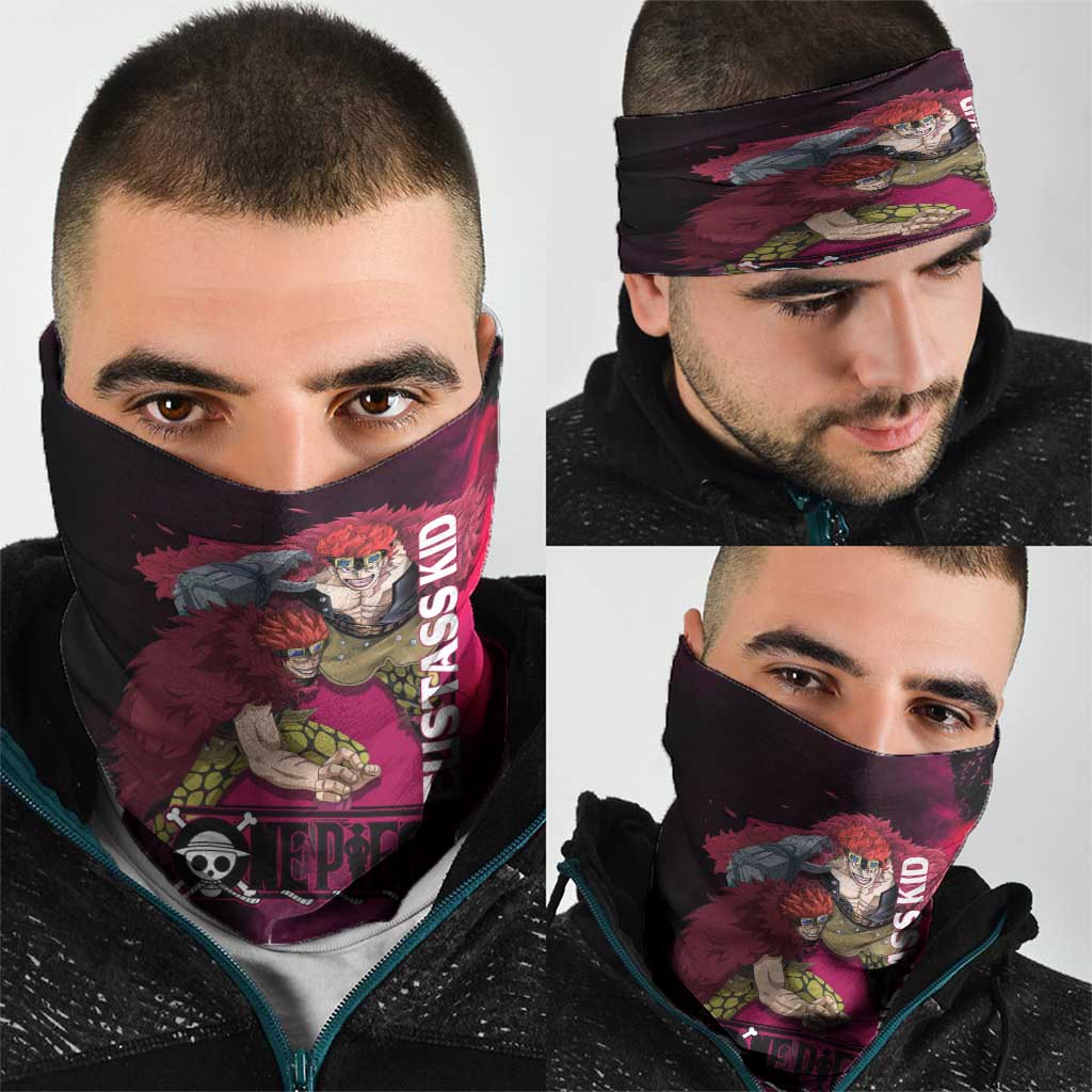 Eustass Kid One Piece Theme Red and Black Grunge Design Neck Gaiter with Mechanical Arm and Pirate Emblem - The Mazicc