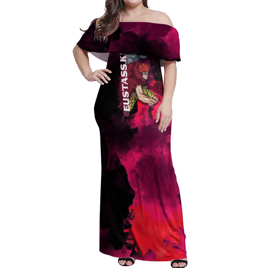 Eustass Kid One Piece Theme Red and Black Grunge Design Off Shoulder Maxi Dress with Mechanical Arm and Pirate Emblem - The Mazicc