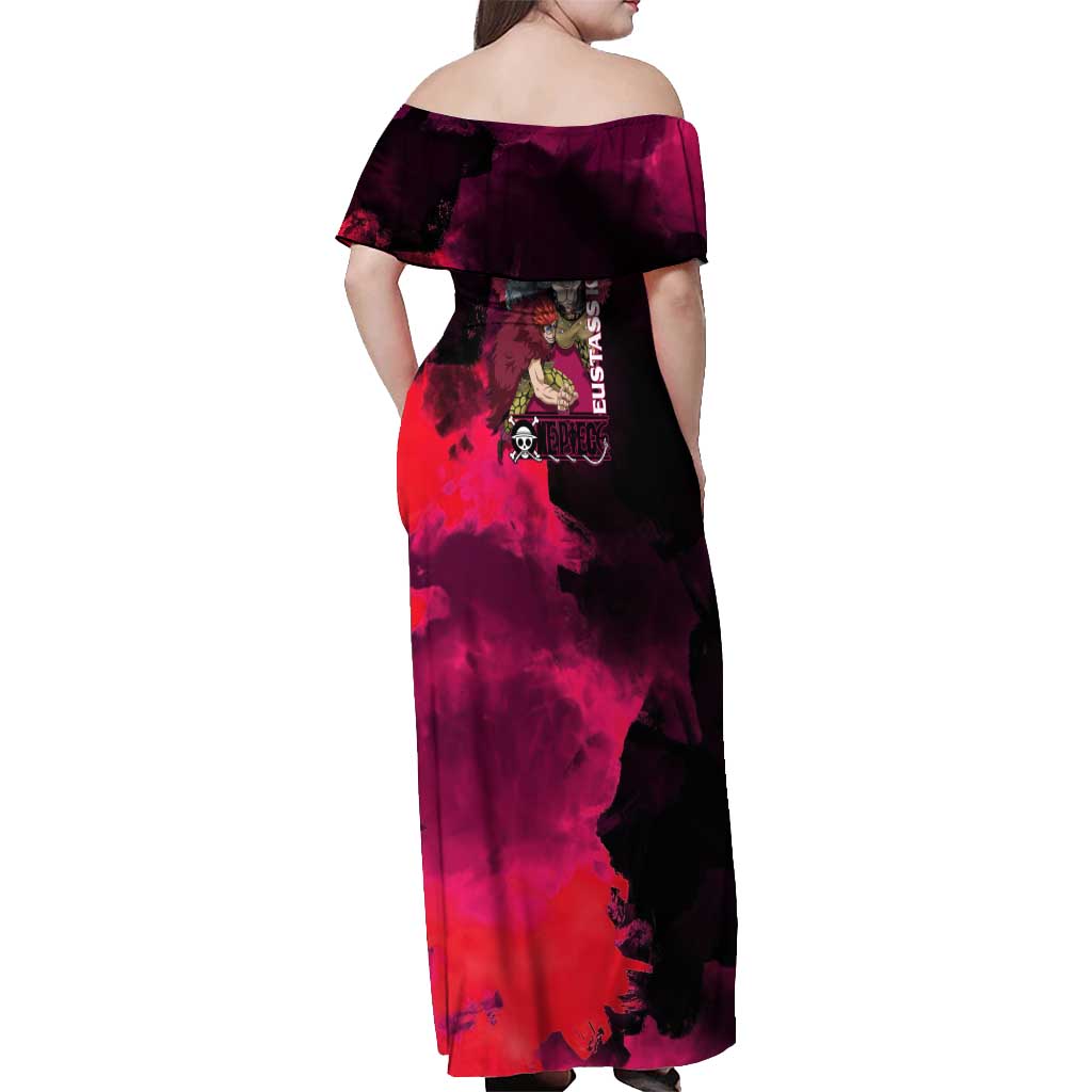 Eustass Kid One Piece Theme Red and Black Grunge Design Off Shoulder Maxi Dress with Mechanical Arm and Pirate Emblem - The Mazicc