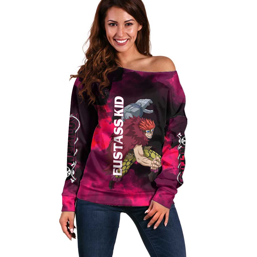 Eustass Kid One Piece Theme Red and Black Grunge Design Off Shoulder Sweater with Mechanical Arm and Pirate Emblem - The Mazicc