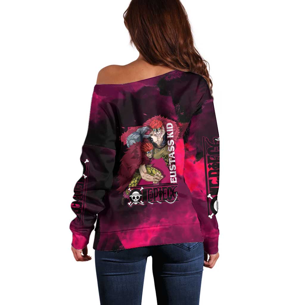 Eustass Kid One Piece Theme Red and Black Grunge Design Off Shoulder Sweater with Mechanical Arm and Pirate Emblem - The Mazicc