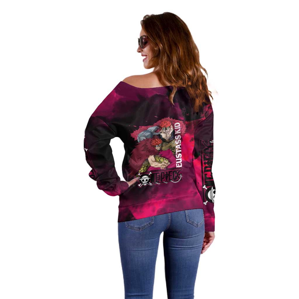Eustass Kid One Piece Theme Red and Black Grunge Design Off Shoulder Sweater with Mechanical Arm and Pirate Emblem - The Mazicc