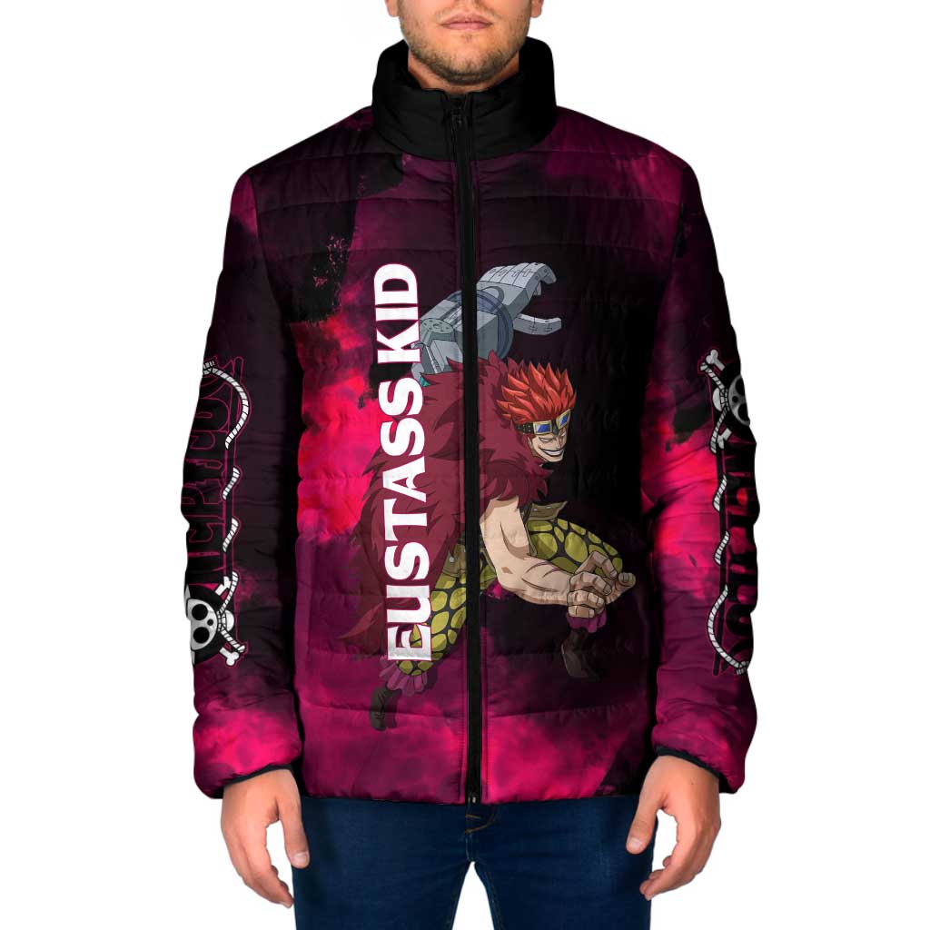 Eustass Kid One Piece Theme Red and Black Grunge Design Padded Jacket with Mechanical Arm and Pirate Emblem - The Mazicc