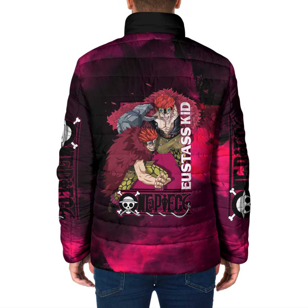 Eustass Kid One Piece Theme Red and Black Grunge Design Padded Jacket with Mechanical Arm and Pirate Emblem - The Mazicc