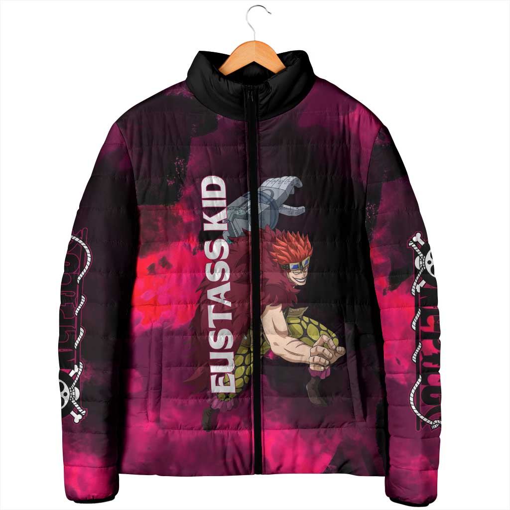 Eustass Kid One Piece Theme Red and Black Grunge Design Padded Jacket with Mechanical Arm and Pirate Emblem - The Mazicc