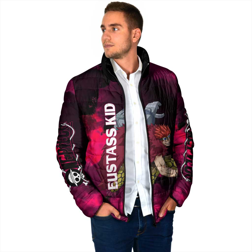 Eustass Kid One Piece Theme Red and Black Grunge Design Padded Jacket with Mechanical Arm and Pirate Emblem - The Mazicc