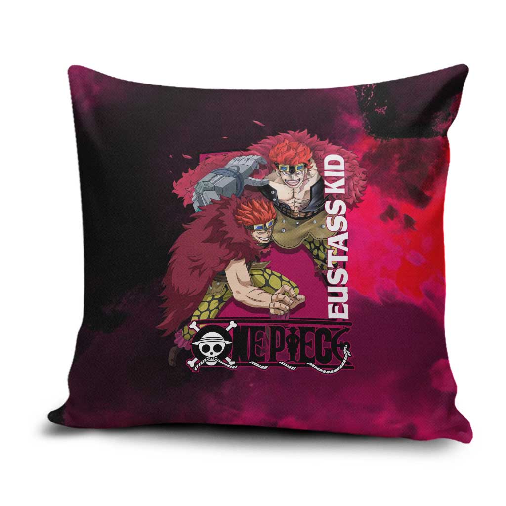 Eustass Kid One Piece Theme Red and Black Grunge Design Pillow Cover with Mechanical Arm and Pirate Emblem - The Mazicc