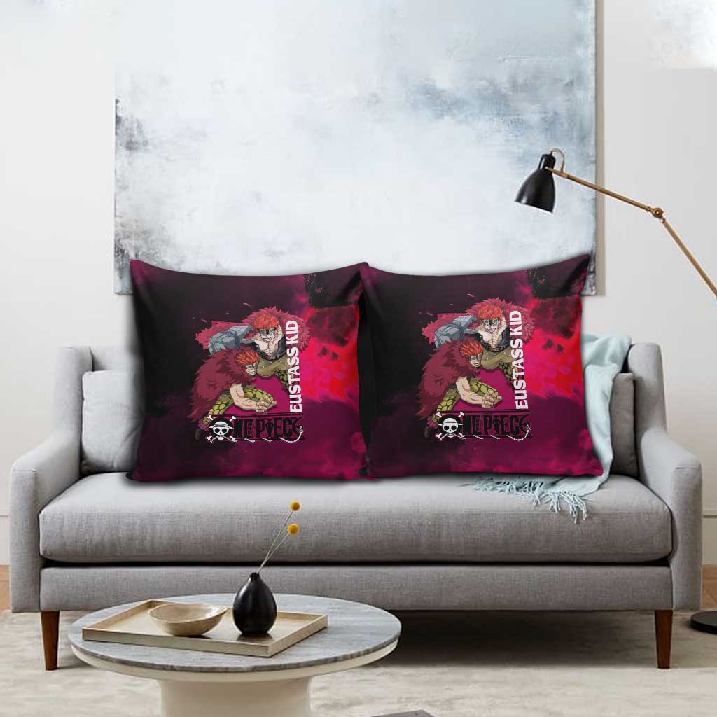 Eustass Kid One Piece Theme Red and Black Grunge Design Pillow Cover with Mechanical Arm and Pirate Emblem - The Mazicc